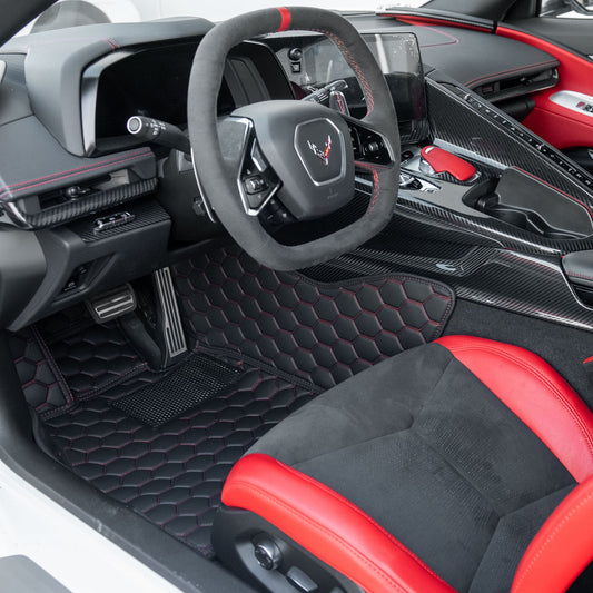 Corvette C8 Custom Honeycomb Leather Floor Mat Liners